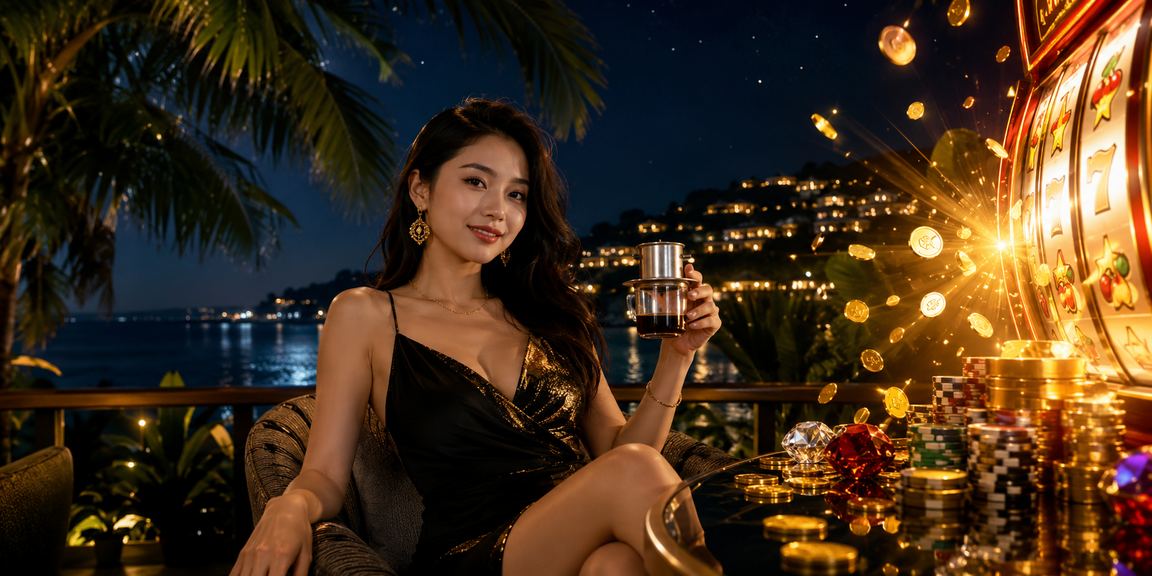 Người dùng tại Phú Quốc chơi slot game và casino trên điện thoại bên quán cà phê biển